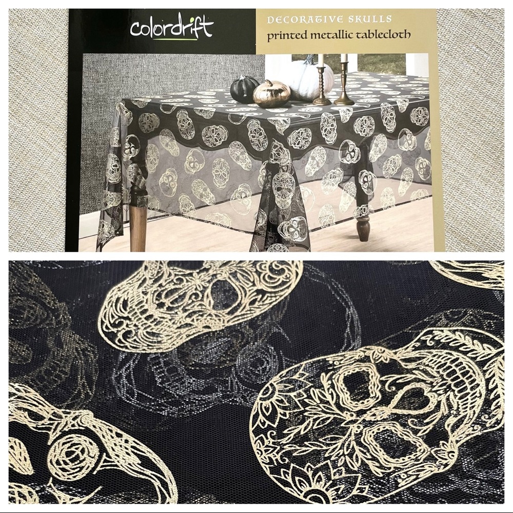 🆕Sheer Gold/Silver Metallic Printed Skulls Reversible Tablecloth